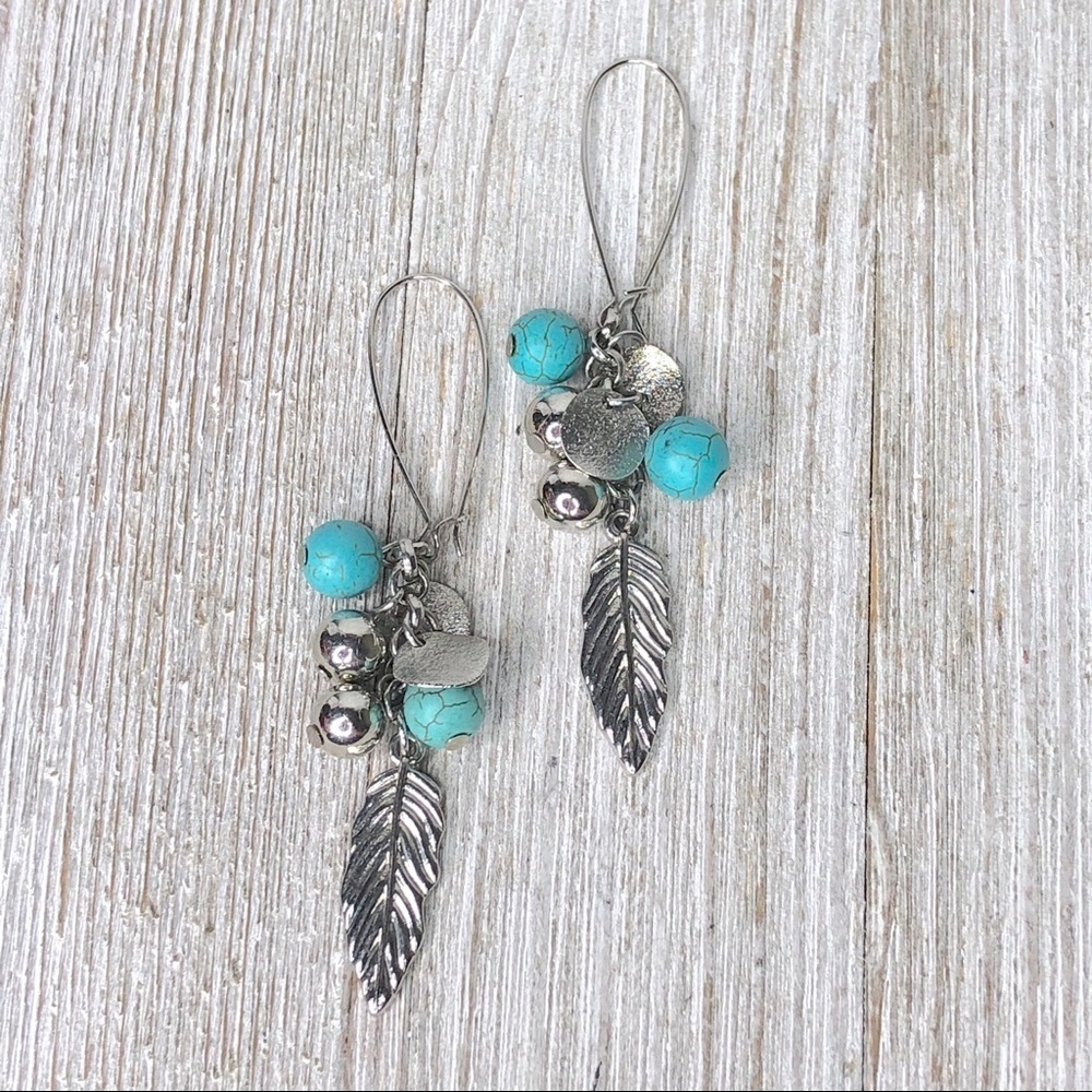 Faux Turquoise and Silver Feather Cluster Earrings